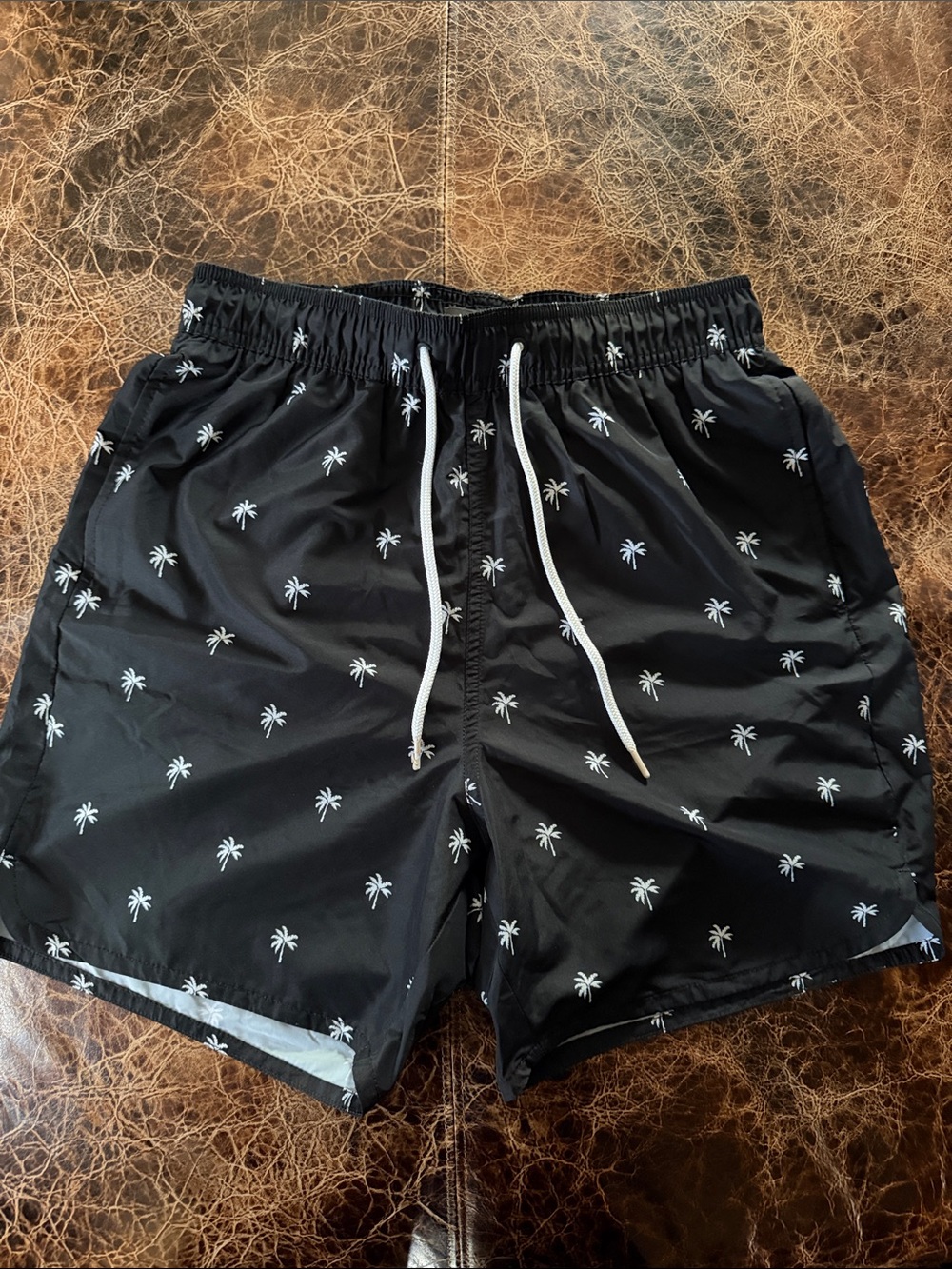 Men's H&M Black Palm-Print Swim Trunks with Drawstring